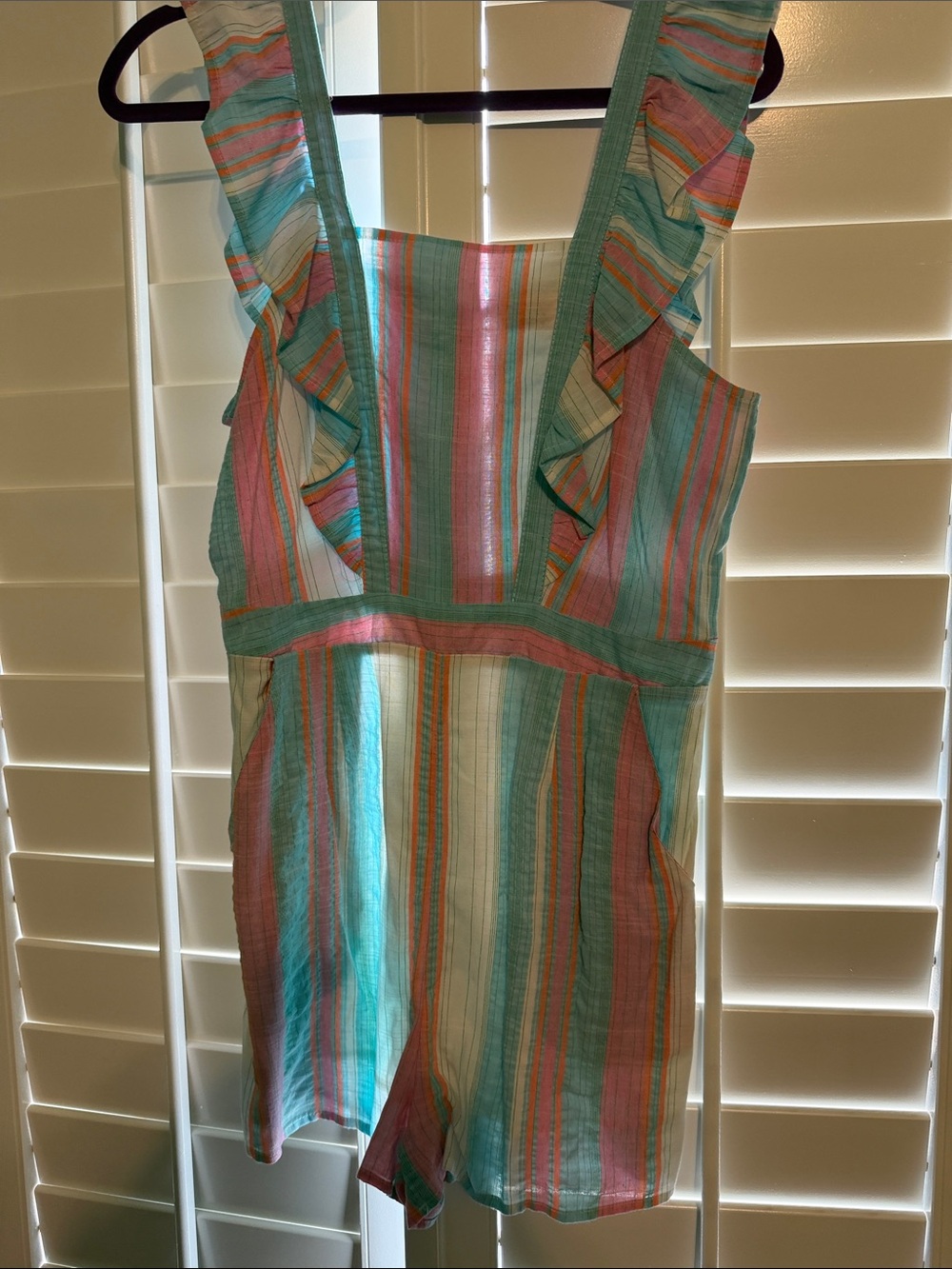 Entro Multi-Stripe Ruffle Strap Summer Romper - Pink & Teal